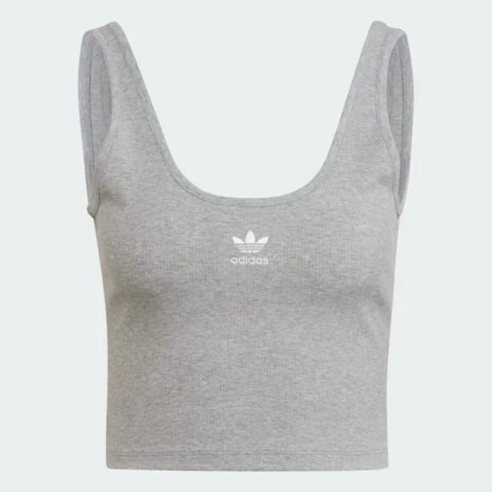 adidas Grey Ribbed Scoop Crop Tank with Trefoil